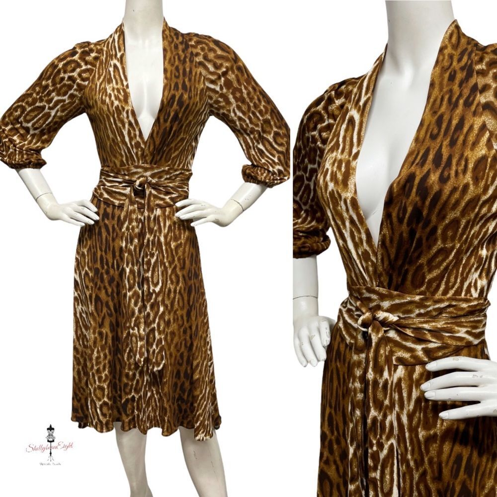 YIGAL AZROUEL Stretch Jersey Deep V Plunge Dress Leopard Ruched Sash Waist XS